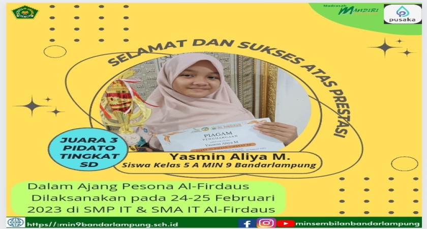 Siswa MIN 9 Bandarlampung Raih juara 3 Pidato Tingkat Kota Bandarlampung di SMAIT Al-Firdaus